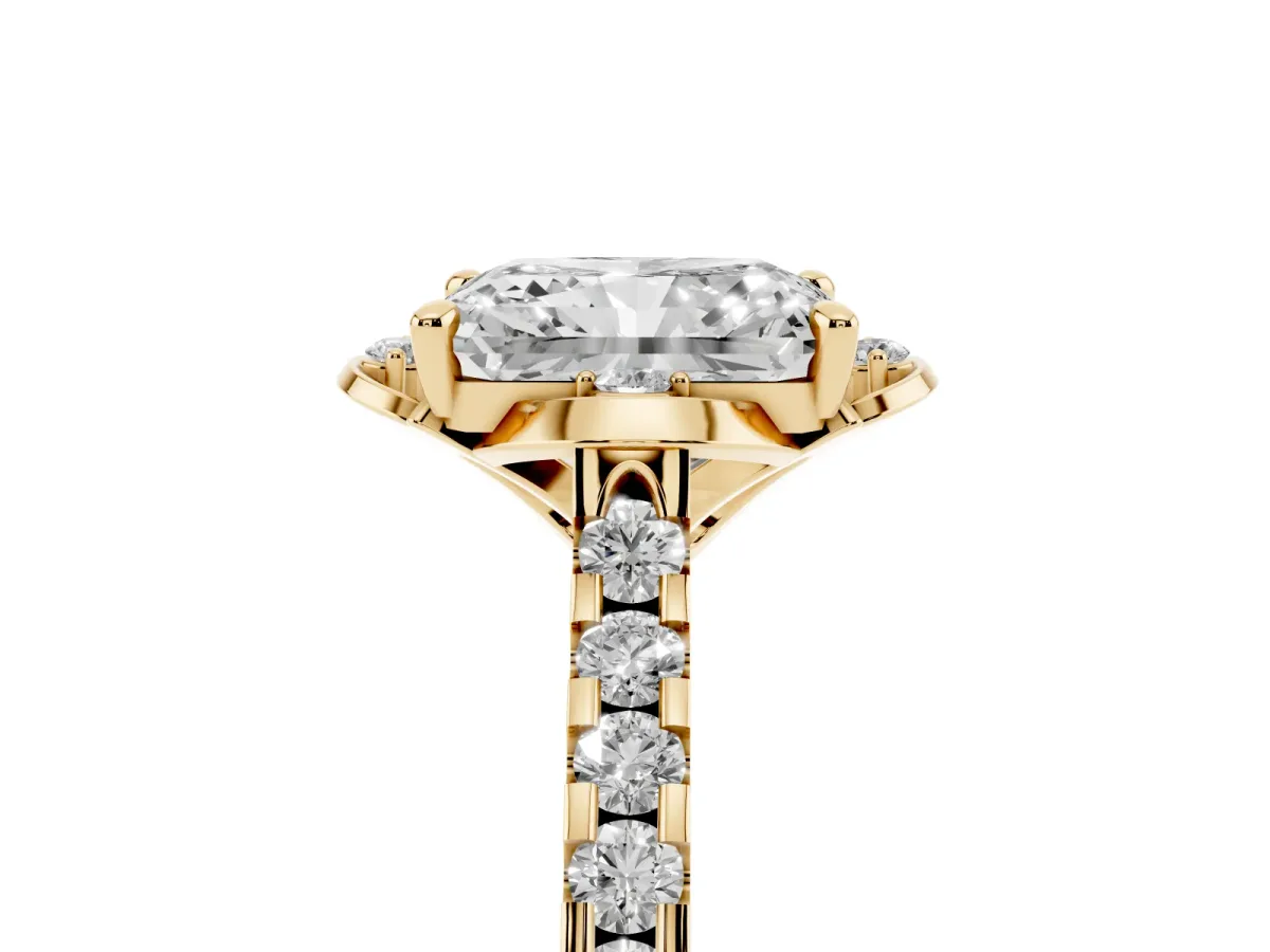 Radiant Cut Diamond Ring with Pavé Band and Floral Prong Setting Yellow gold