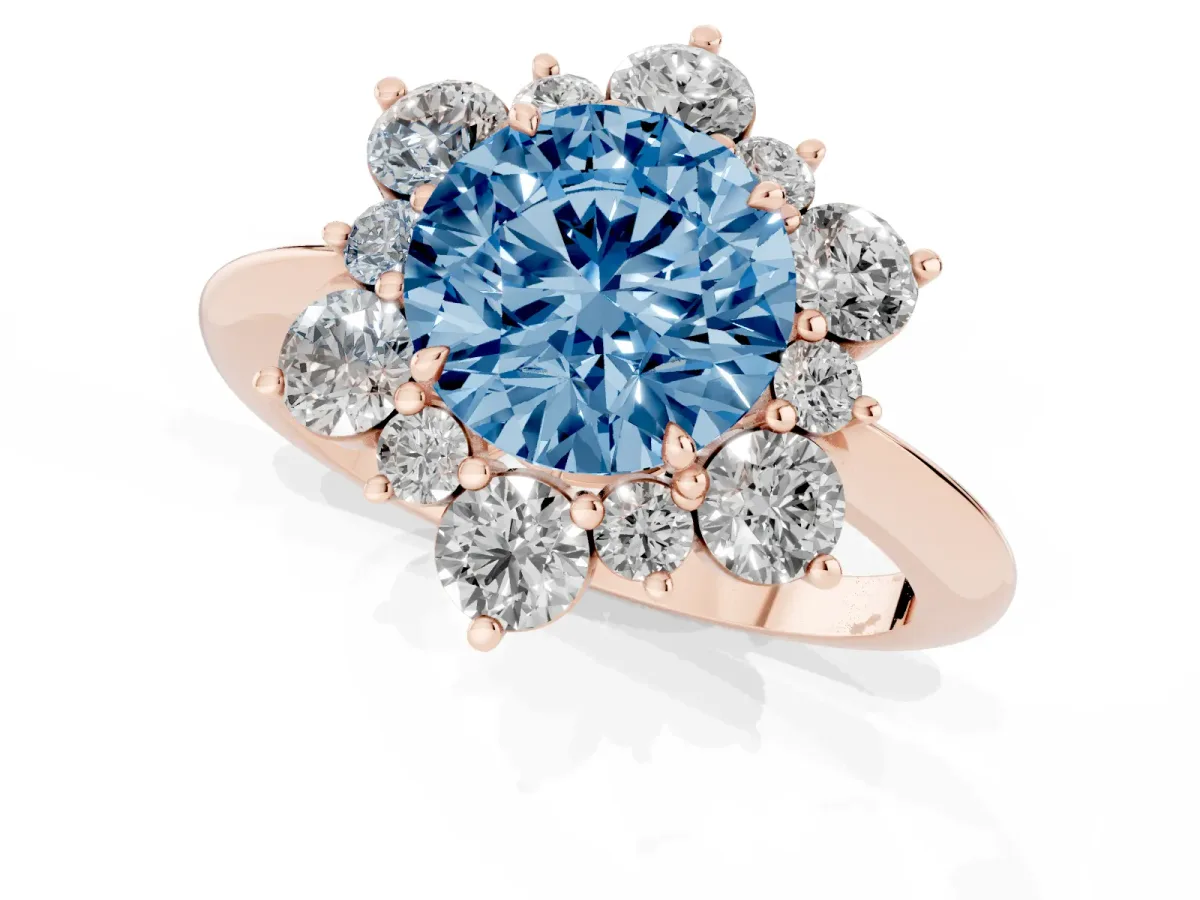 Fancy Blue Round Cut Diamond Cluster Halo Ring with Solitaire Band and Four-Prong Setting Rose gold