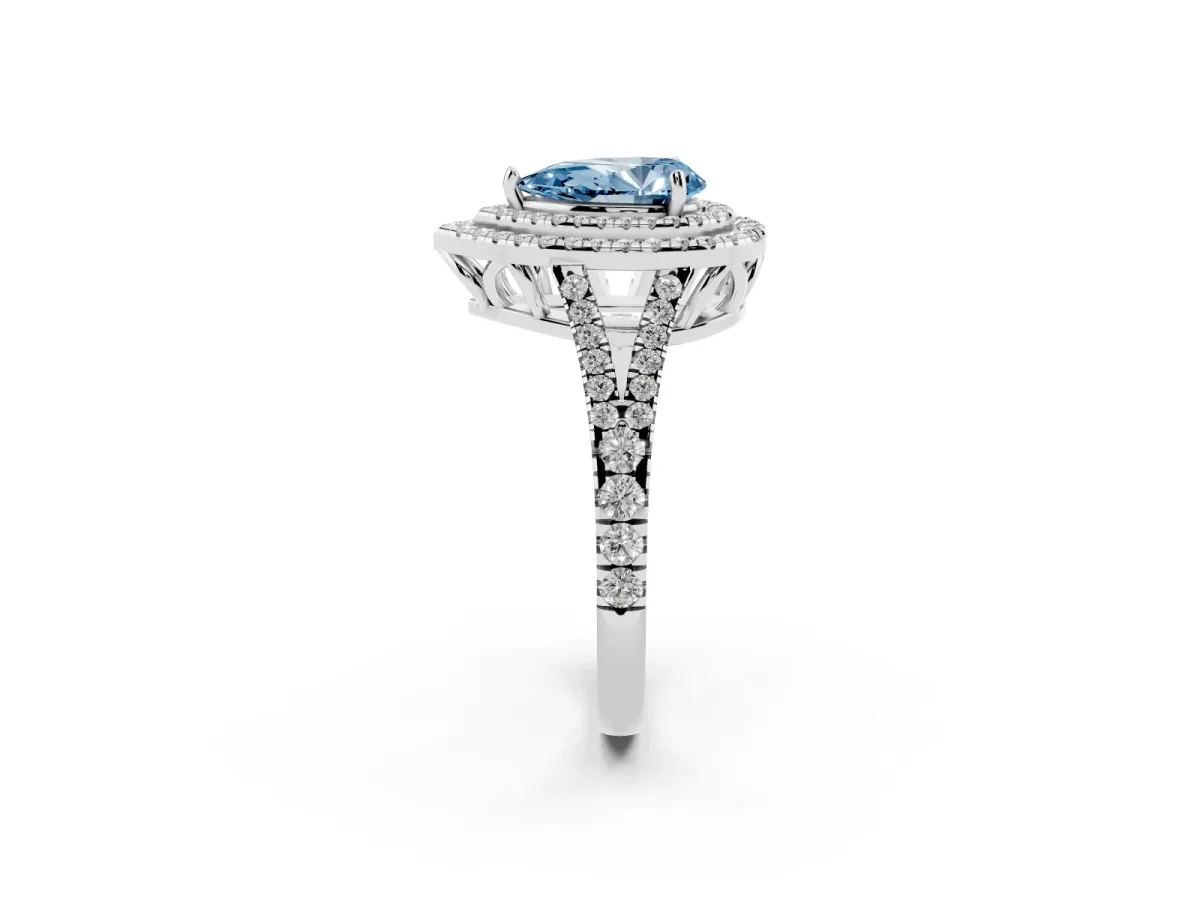 Fancy Blue Pear Cut Diamond Double Halo Ring with Pavé Band and Prong Setting Silver