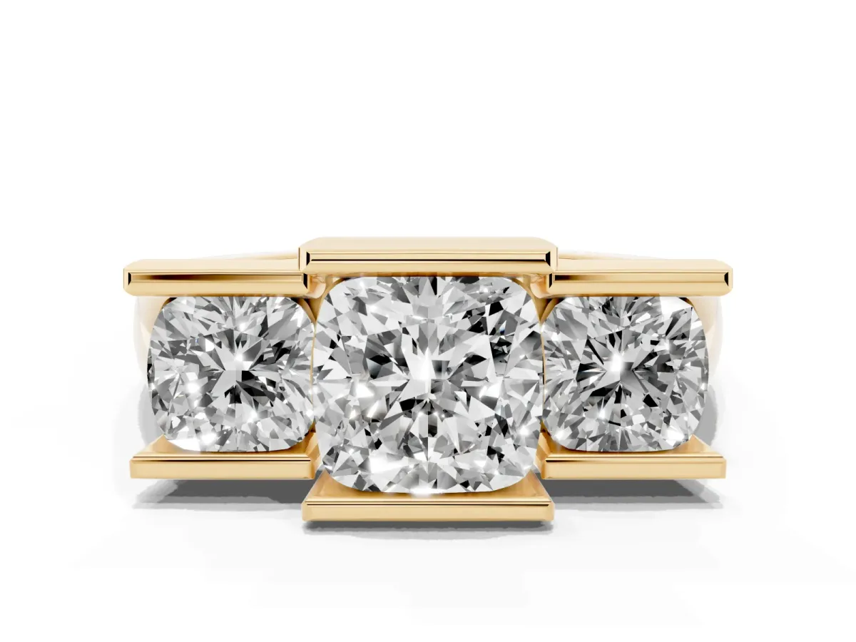 Three Stone Cushion Cut Cut Channel Set Diamond Ring Yellow gold