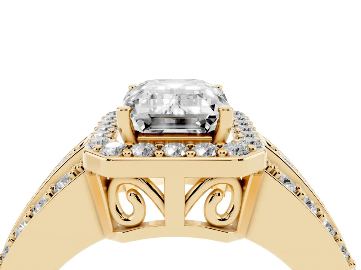 Emerald Cut Halo Diamond Ring with Round Split Shank and Prong Setting Yellow gold
