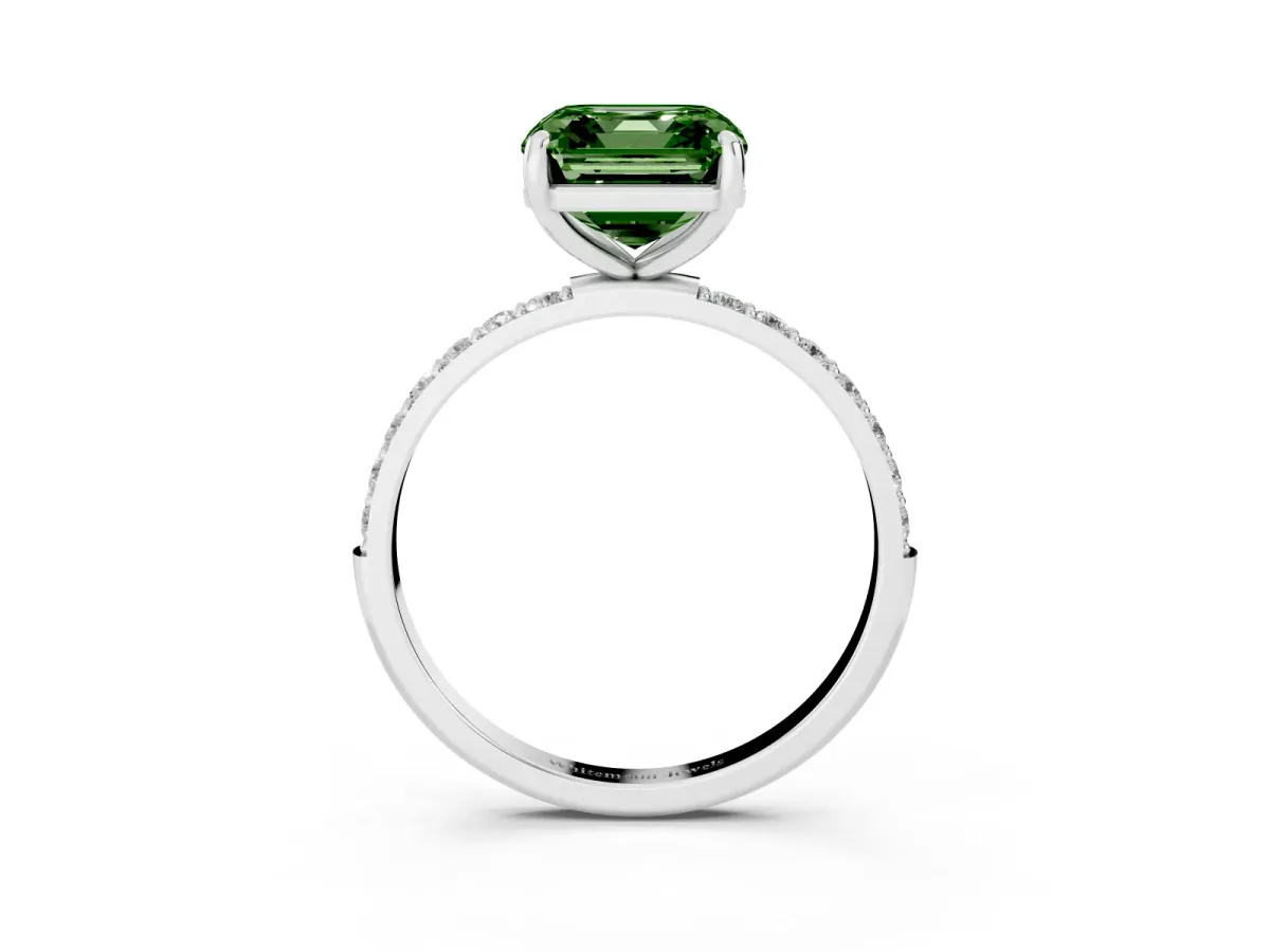 Fancy Green Asscher Cut Diamond Solitaire Ring with Round Pavé Band and Prong Setting Silver