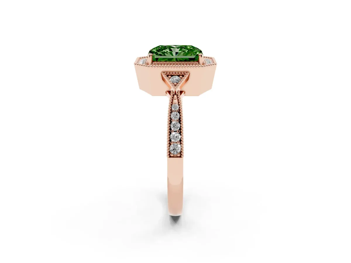 Fancy Green Radiant Cut Halo Round Diamond Milgrain Pave Engagement Ring Rose gold