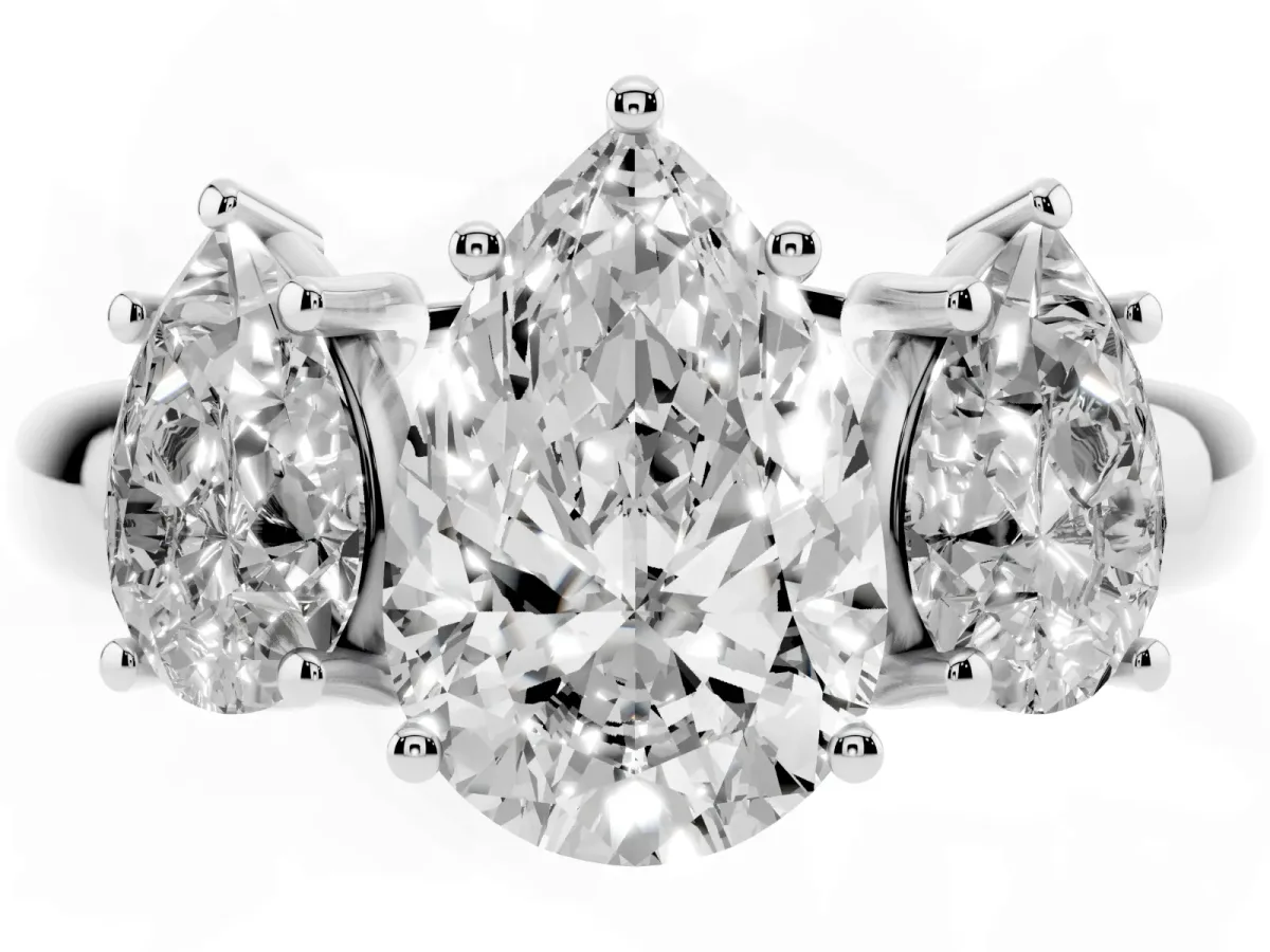 Three-Stone Pear Cut Diamond Engagement Ring with Prong Setting Silver