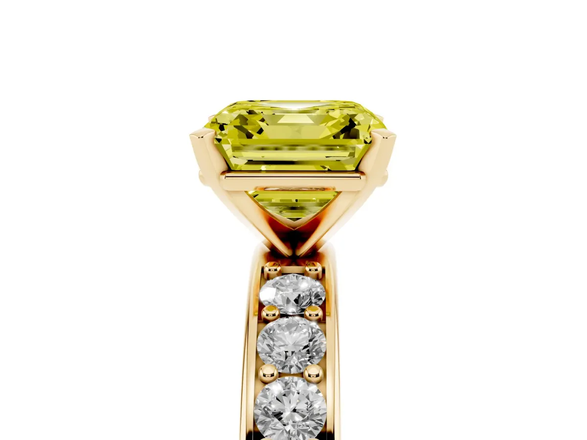 Fancy Yellow Asscher Cut Diamond Engagement Ring with Channel Set Round Band and Prong Setting Yellow gold