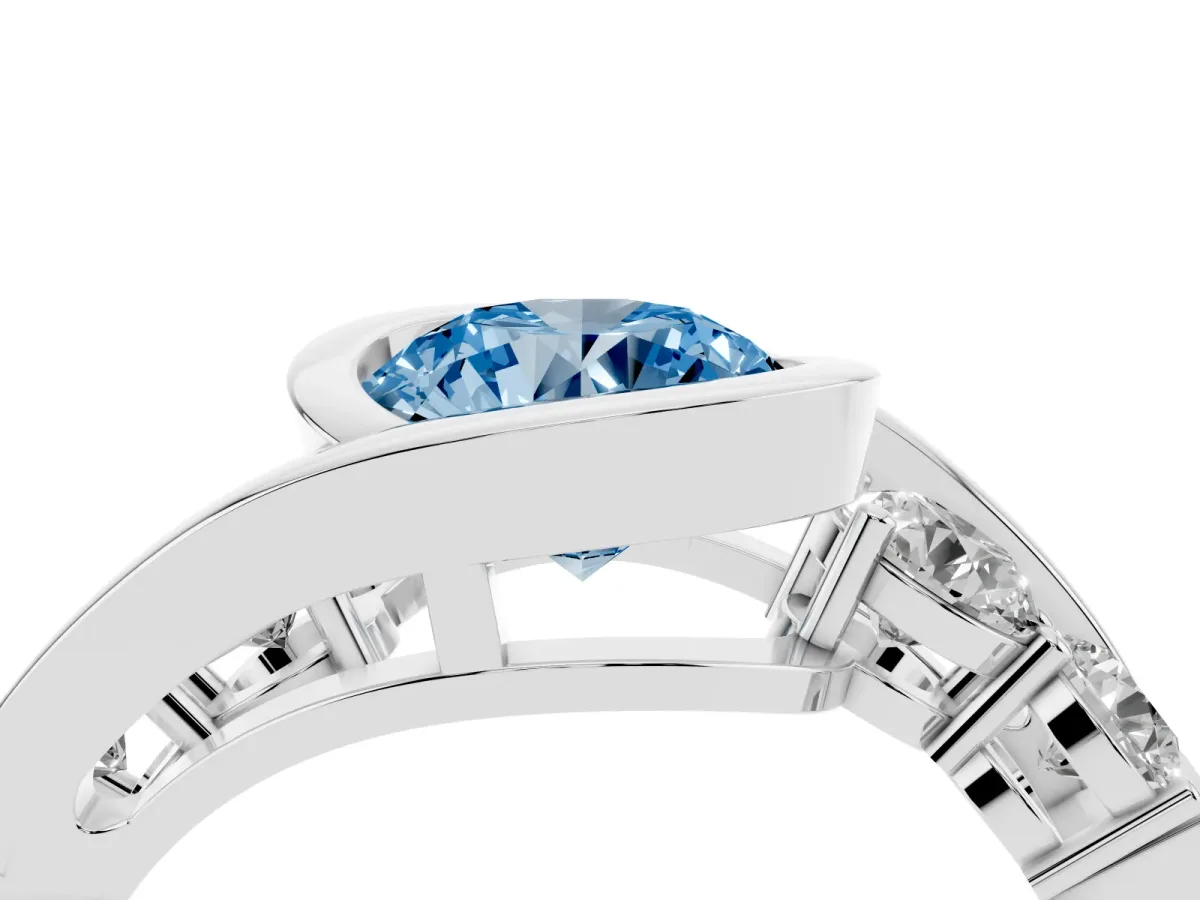 Fancy Blue Bezel Set Round Cut Diamond Bypass Ring with Round Accents Platinum