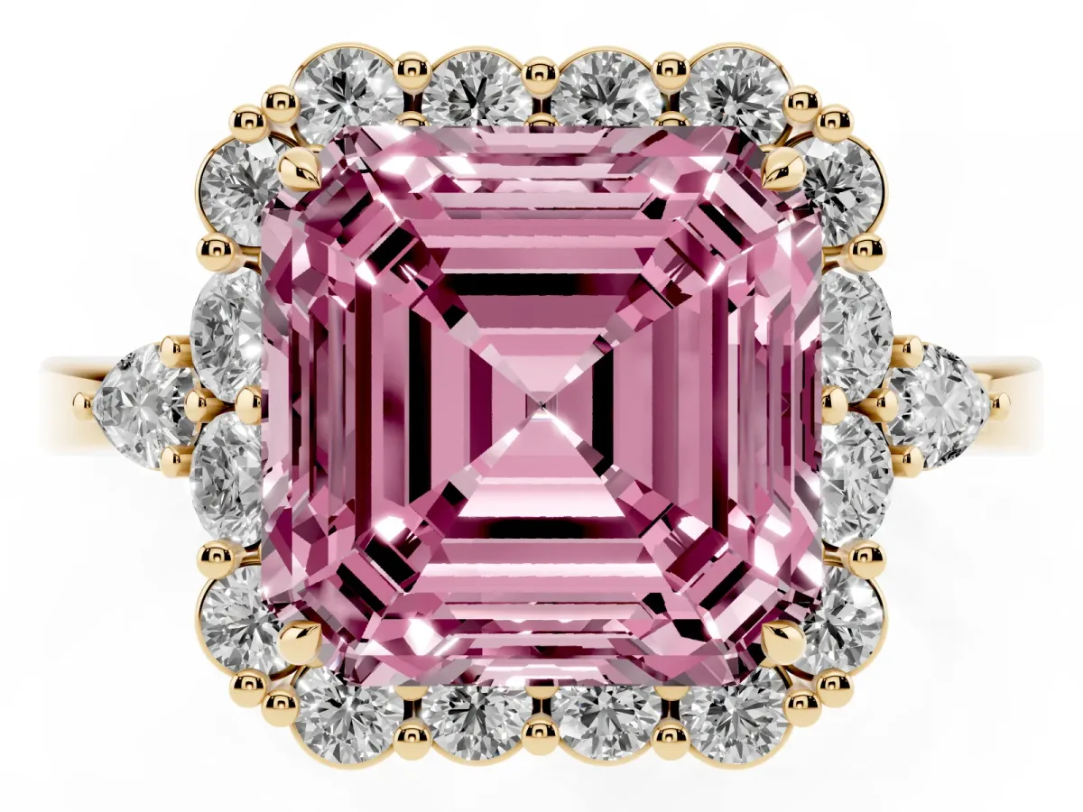 Fancy Pink Asscher Cut Diamond Halo Ring with Pear Side Stones and Prong Setting Yellow gold