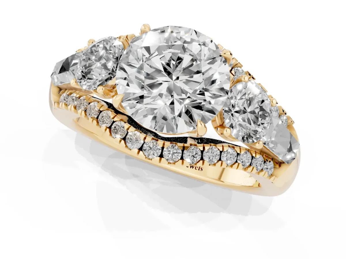 Three-Stone Round Cut Diamond Engagement Ring with Pave Band and Prong Setting Yellow gold