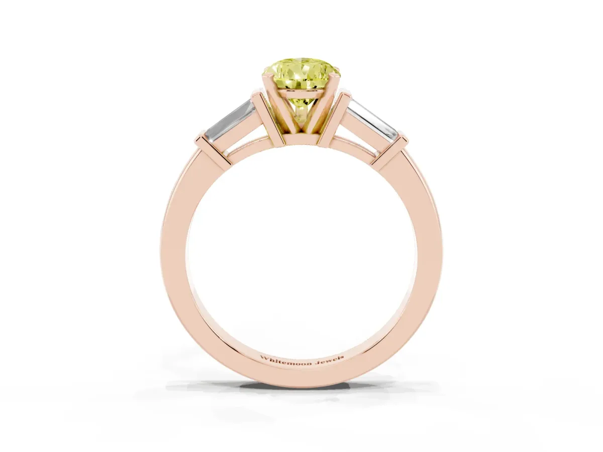 Fancy Yellow Pear Cut Cut Diamond Solitaire Ring with Tapered Baguette Accents and Four-Prong Setting Rose gold