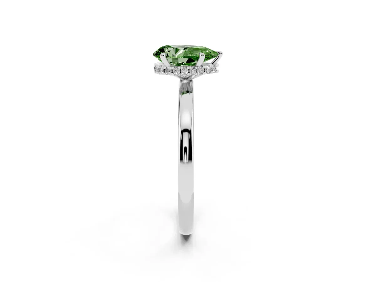 Fancy Green Pear Cut Solitaire Engagement Ring with Cathedral Band and Four-Prong Setting Silver