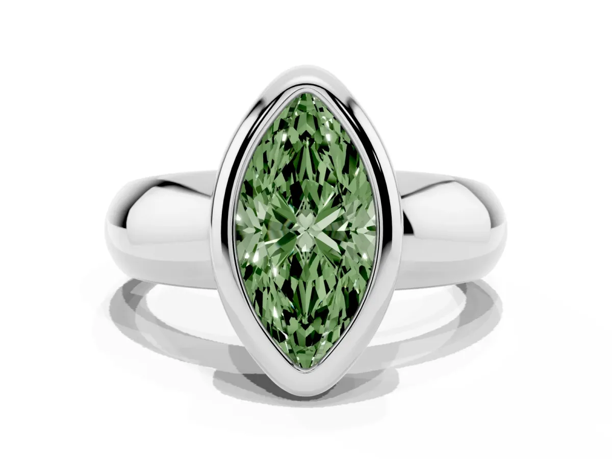 Fancy Green Bezel Set Marquise Cut Solitaire Ring with Wide Band Platinum