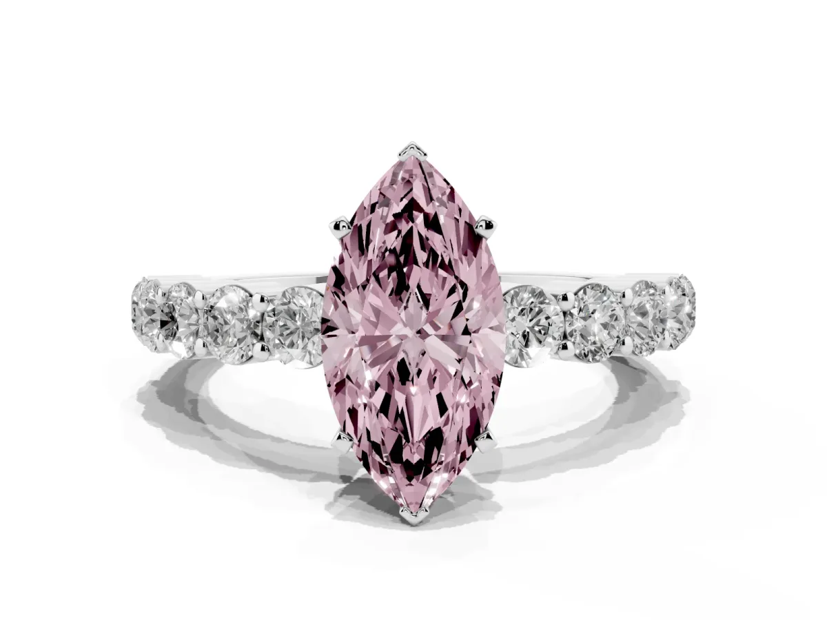 Fancy Pink Marquise Cut Diamond Solitaire Ring with Shared Prong Round Side Stones Platinum