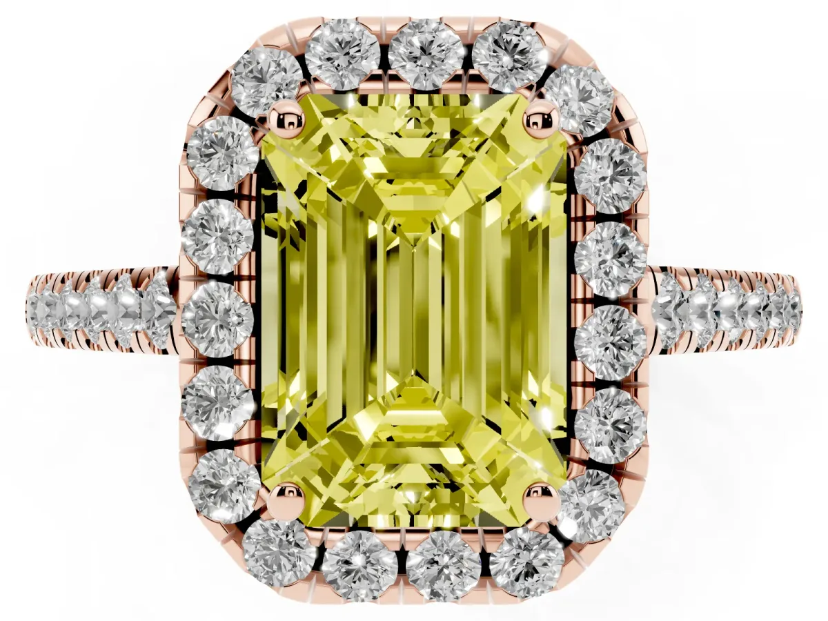 Fancy Yellow Emerald Cut Halo Pave Diamond Engagement Ring with Four-Prong Setting Rose gold