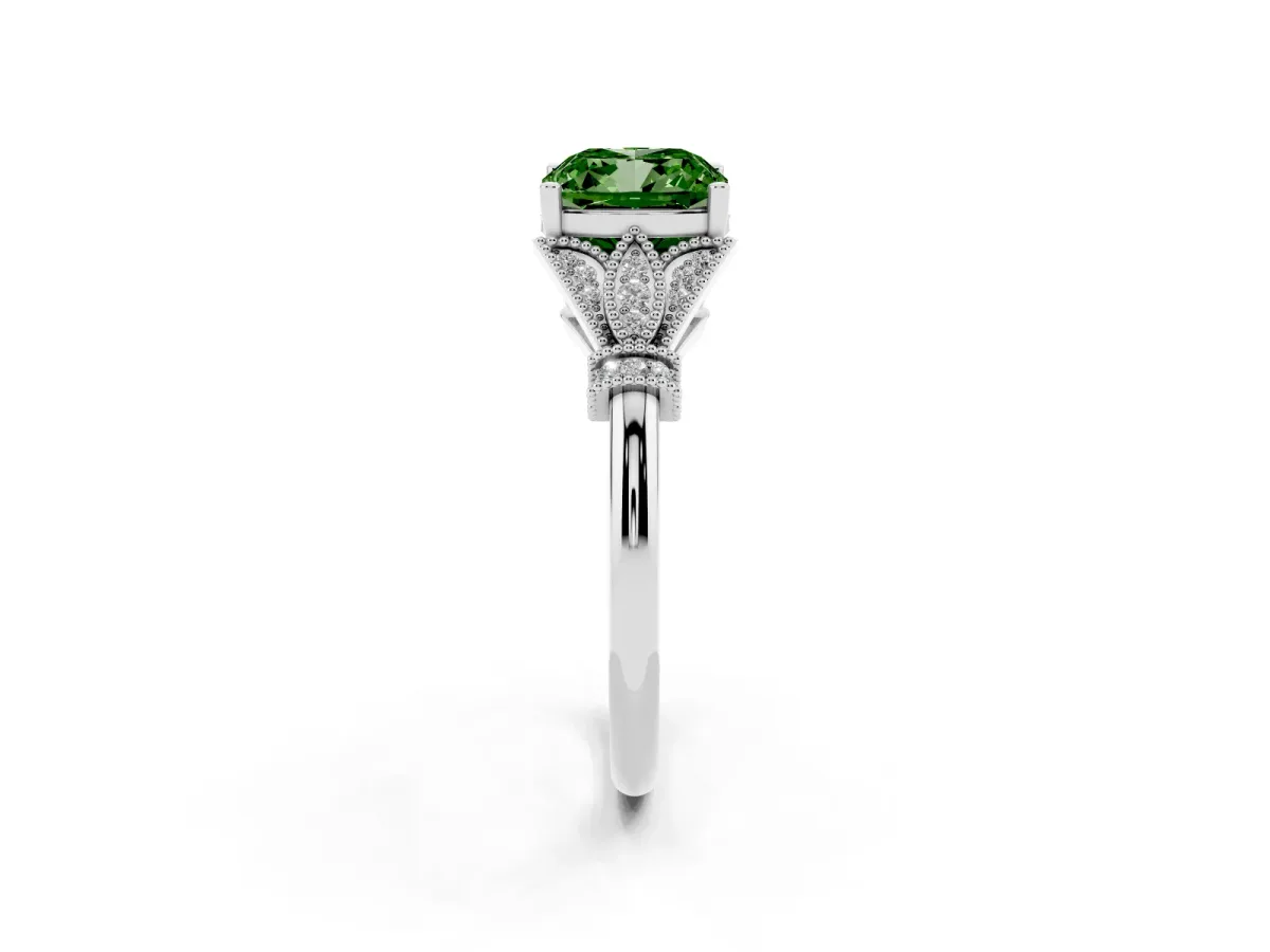 Fancy Green Cushion Cut Diamond Solitaire Ring with Floral Filigree and Pave Accents Silver