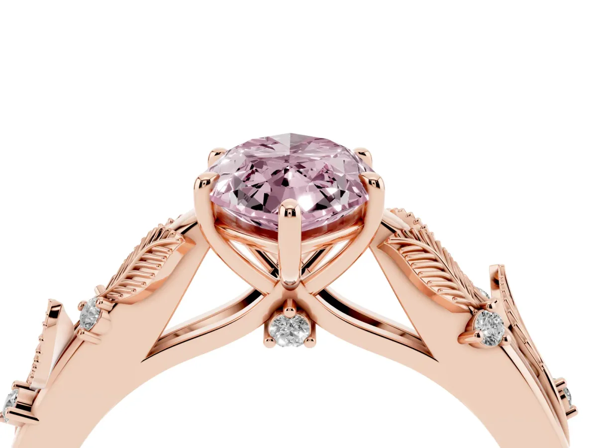 Fancy Pink Marquise Cut Diamond Solitaire Ring with Leaf Motif Band and Four-Prong Setting Rose gold
