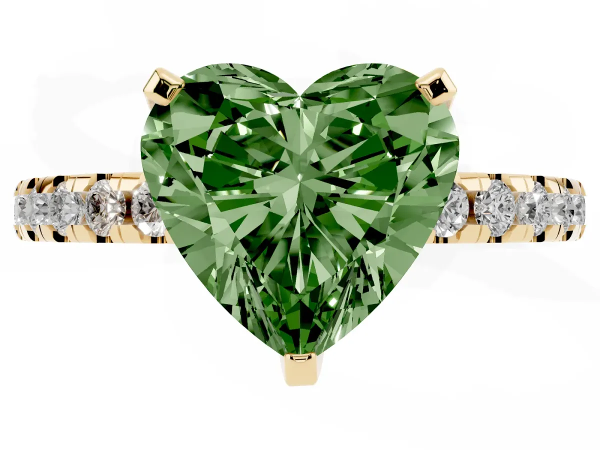 Fancy Green Heart Cut Diamond Solitaire Ring with Round Pavé Band and Four-Prong Setting Yellow gold