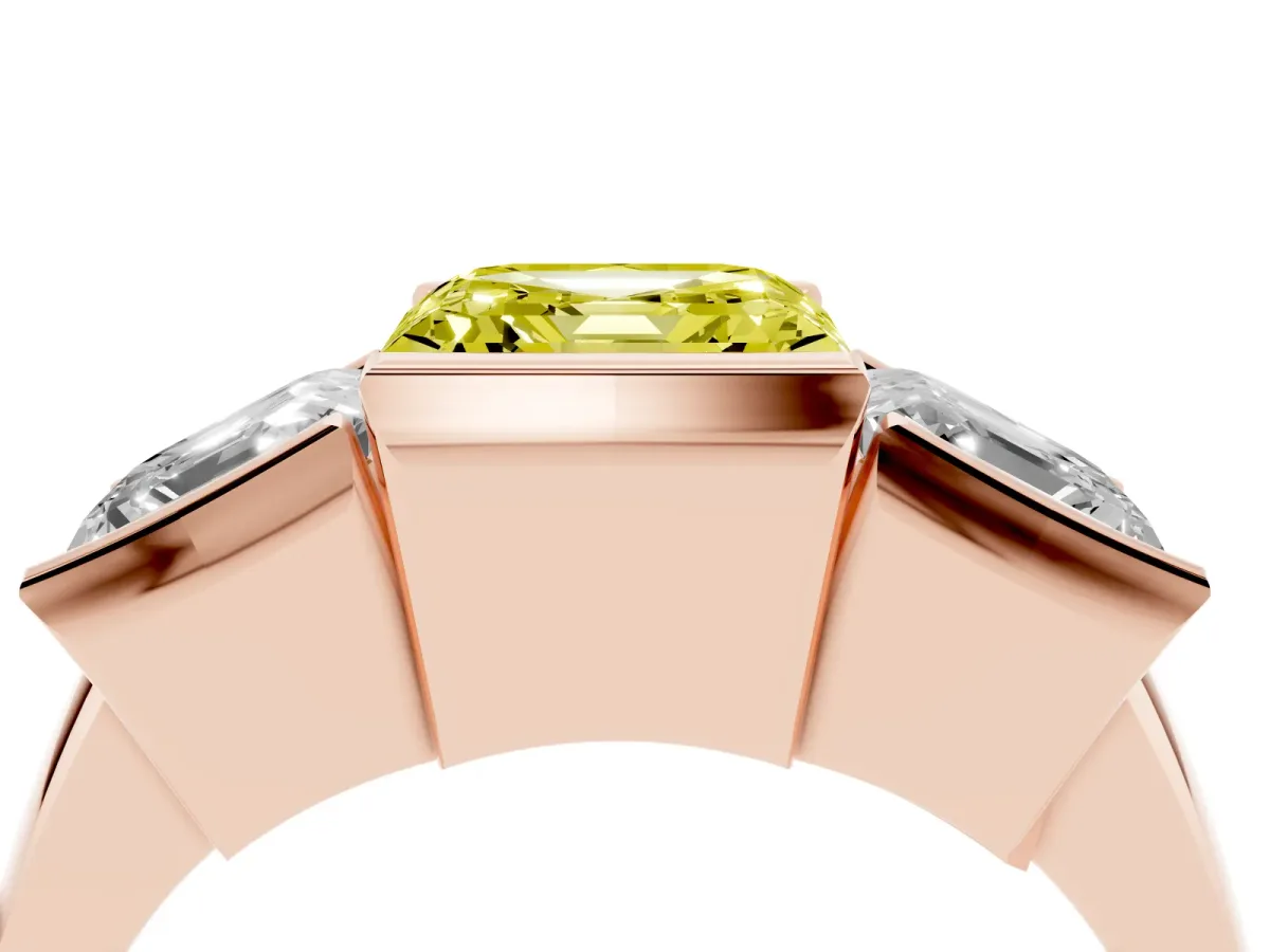 Fancy Yellow Three Stone Asscher Cut Cut Channel Set Diamond Ring Rose gold