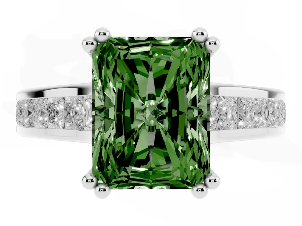 Fancy Green Radiant Cut Cut Channel Set Solitaire Engagement Ring with Prong Setting Silver