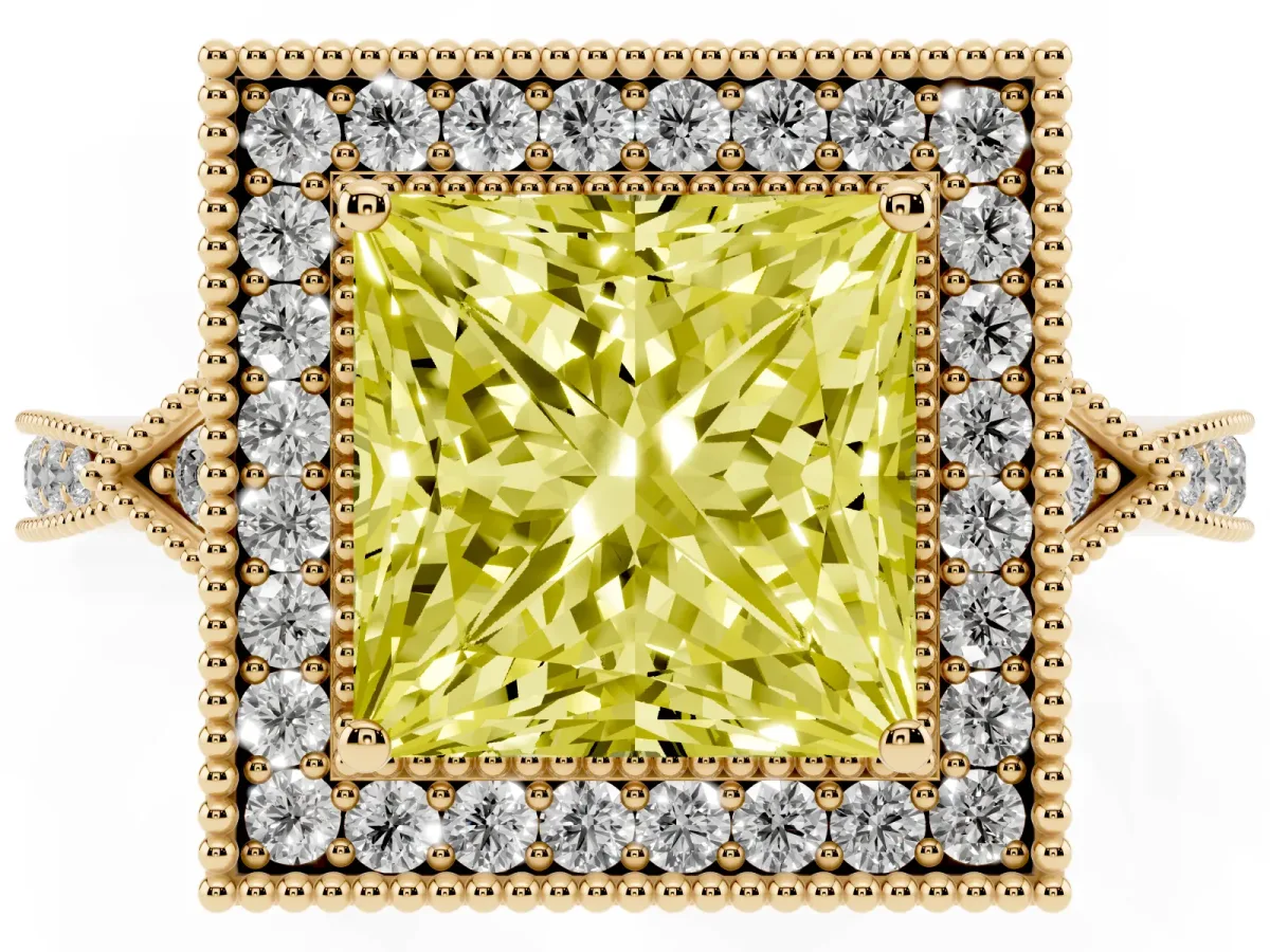 Fancy Yellow Princess Cut Halo Round Diamond Milgrain Pave Engagement Ring Yellow gold