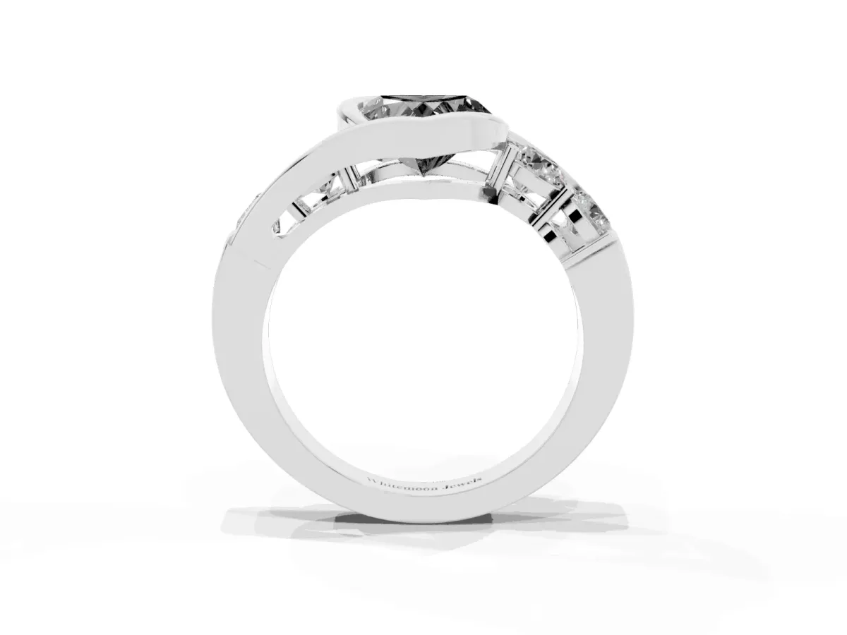 Fancy Black Bezel Set Heart Cut Diamond Bypass Ring with Round Accents Silver