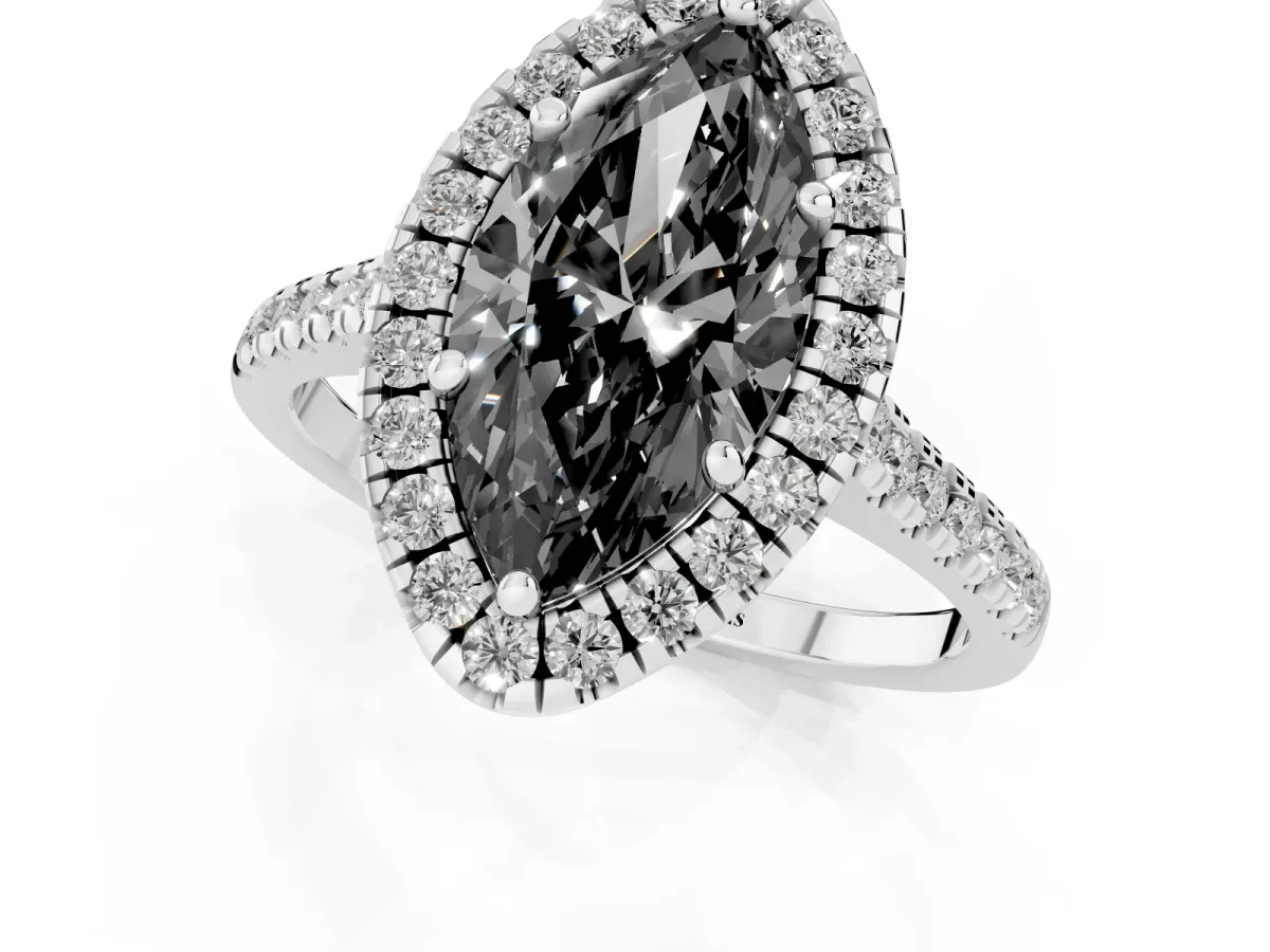 Fancy Black Marquise Cut Diamond Cushion Halo Ring with Pavé Band Platinum