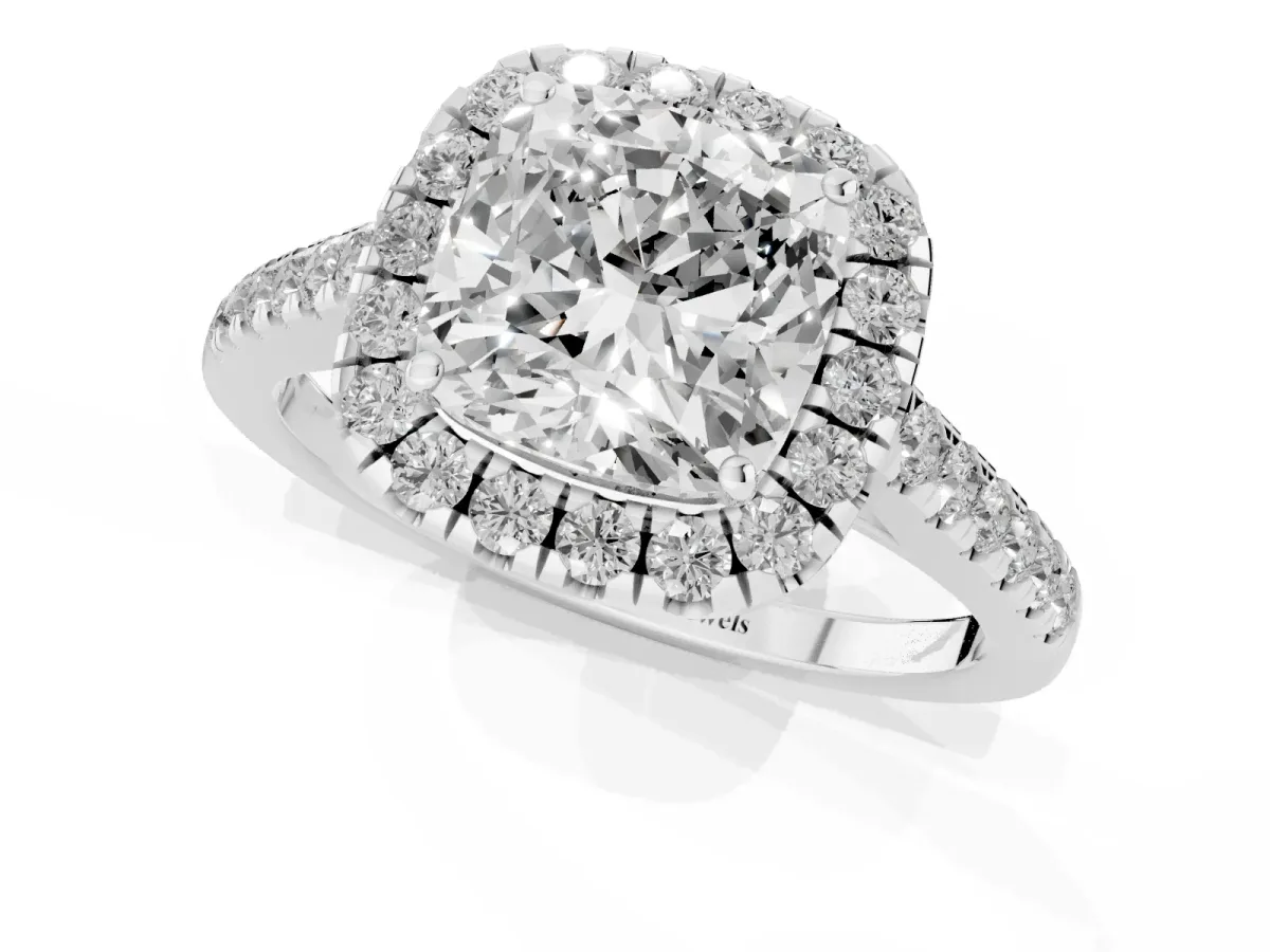 Cushion Cut Halo Pave Diamond Engagement Ring with Four-Prong Setting Silver
