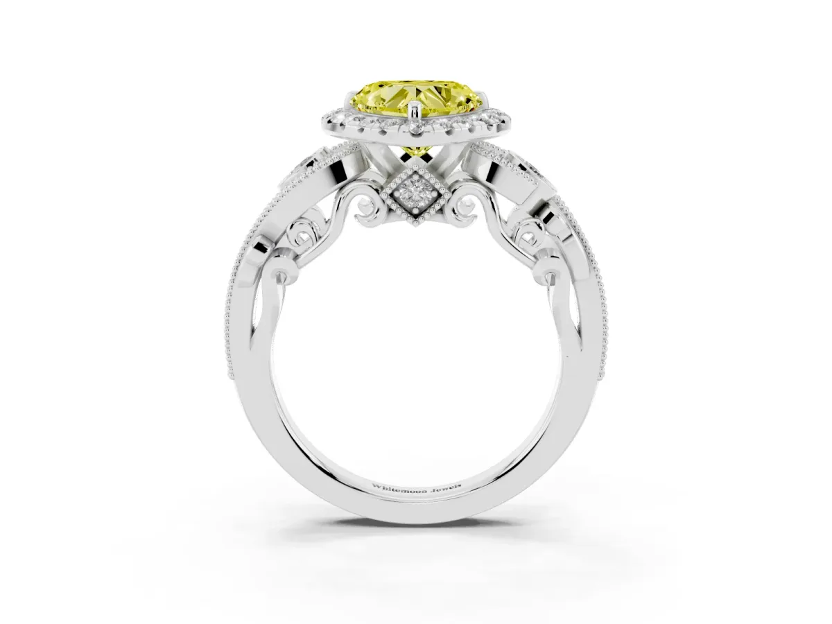 Fancy Yellow Heart Cut Diamond Halo Ring with Milgrain Pavé Band and Four-Prong Setting Platinum