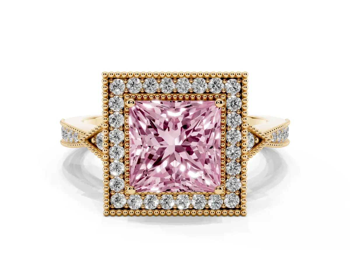 Fancy Pink Princess Cut Halo Round Diamond Milgrain Pave Engagement Ring Yellow gold