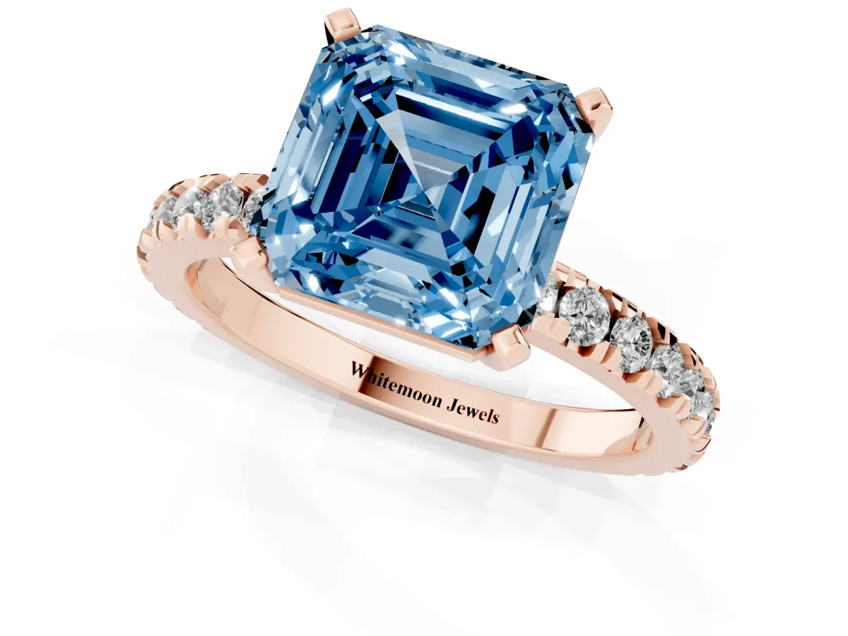 Fancy Blue Asscher Cut Diamond Pavé Band Solitaire with Four-Prong Setting Rose gold