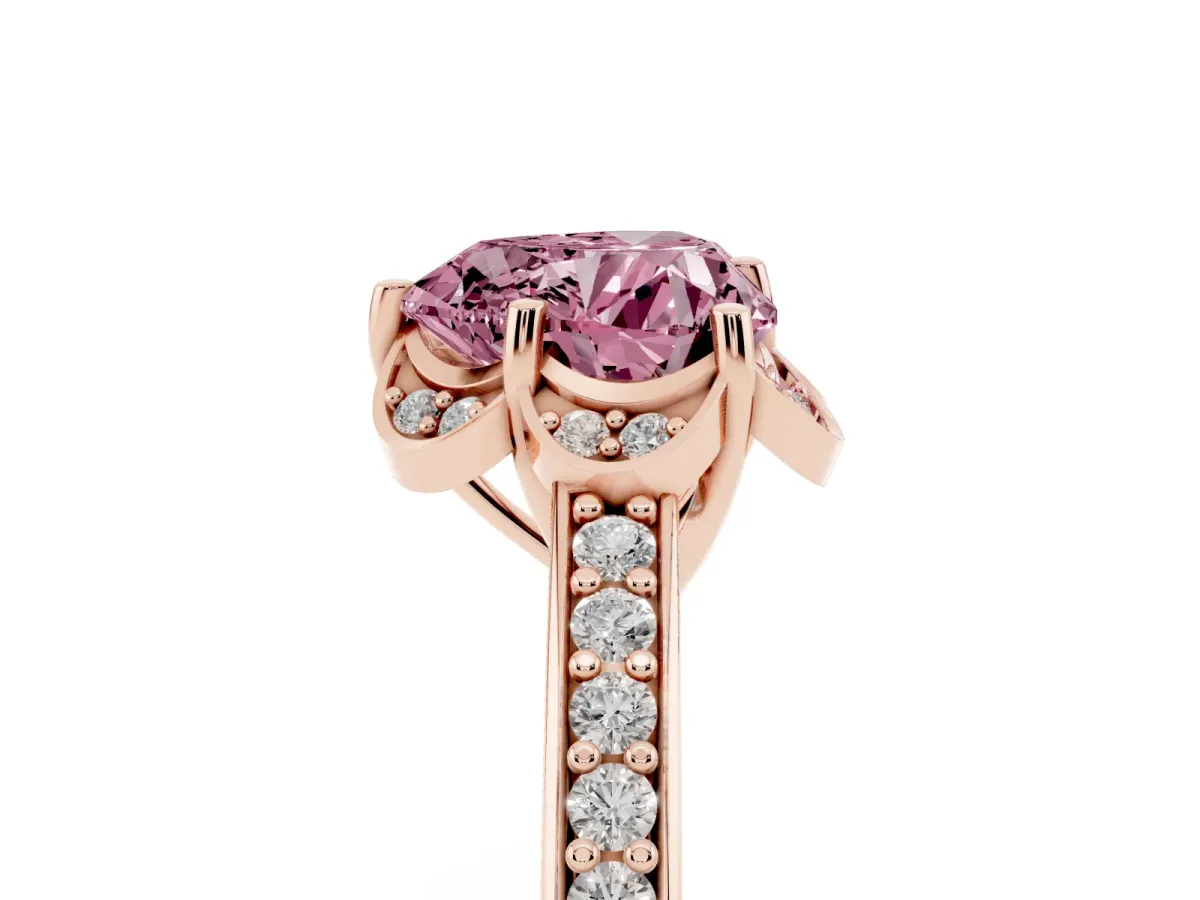 Fancy Pink Heart Cut Cut Halo Diamond Ring with Channel Set Band and Four-Prong Setting Rose gold