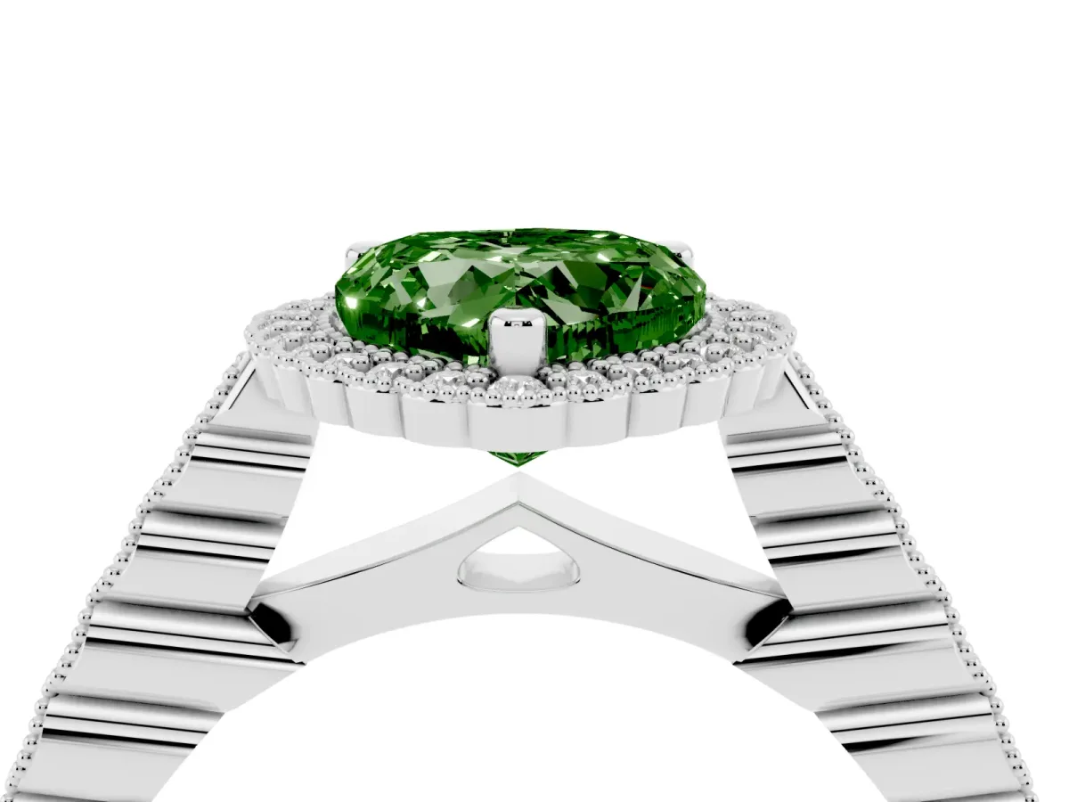 Fancy Green Heart Cut Cut Halo Pavé Solitaire Ring with Milgrain Band White gold