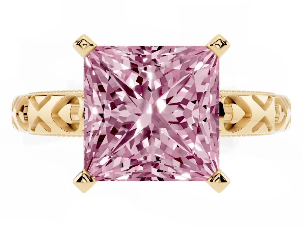 Fancy Pink Princess Cut Solitaire Diamond Engagement Ring with XO Engraved Band and Four-Prong Setting Yellow gold