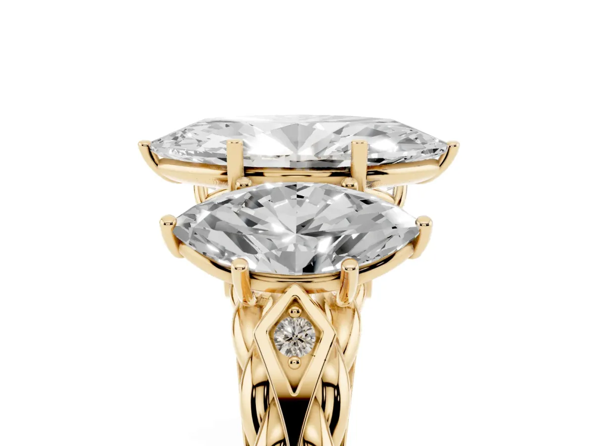 Three-Stone Marquise Cut Diamond Braided Band Ring with Four-Prong Setting Yellow gold