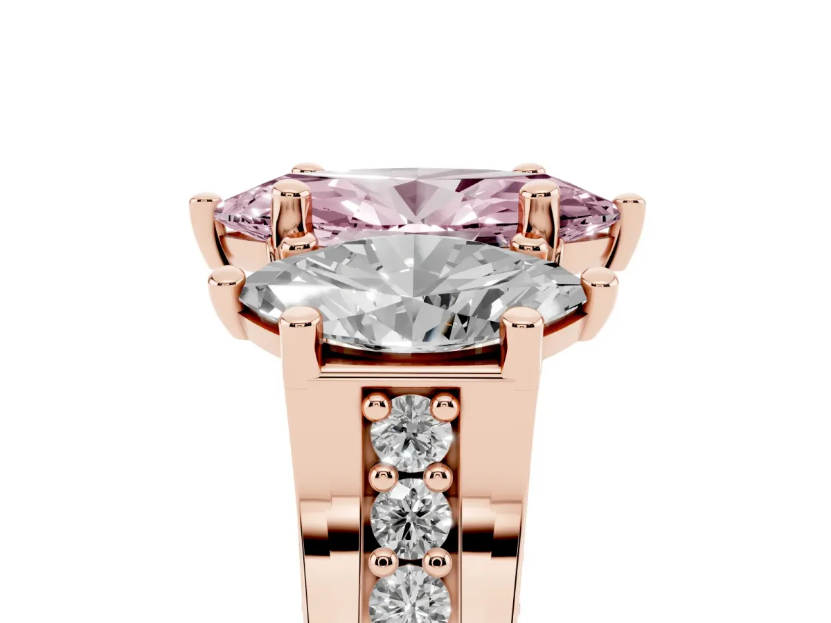 Fancy Pink Marquise Cut Diamond Three-Stone Ring with Channel Set Band and Four-Prong Setting Rose gold