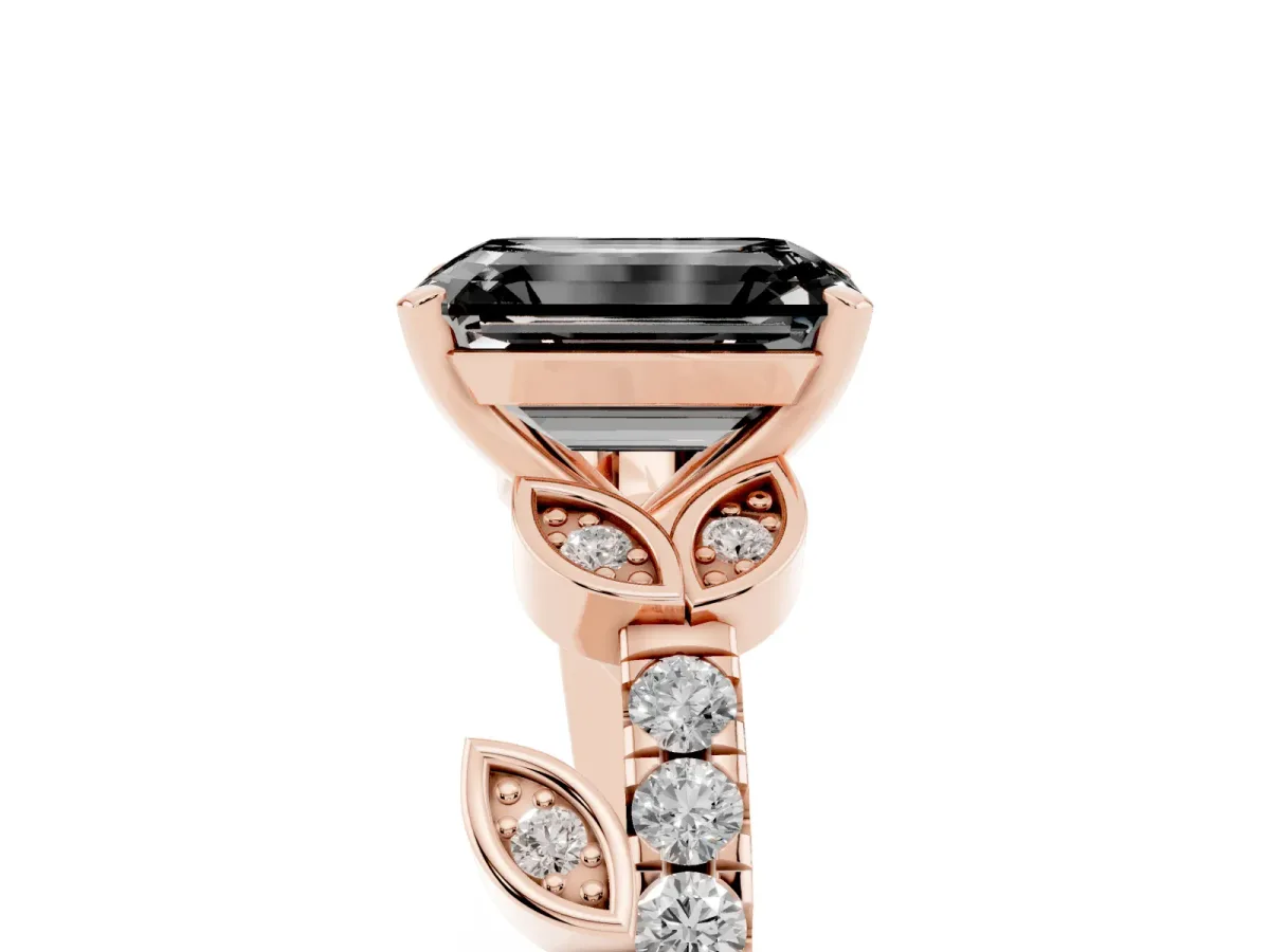 Fancy Black Emerald Cut Solitaire Leaf-Inspired Diamond Ring with Pavé Band and Four-Prong Setting Rose gold