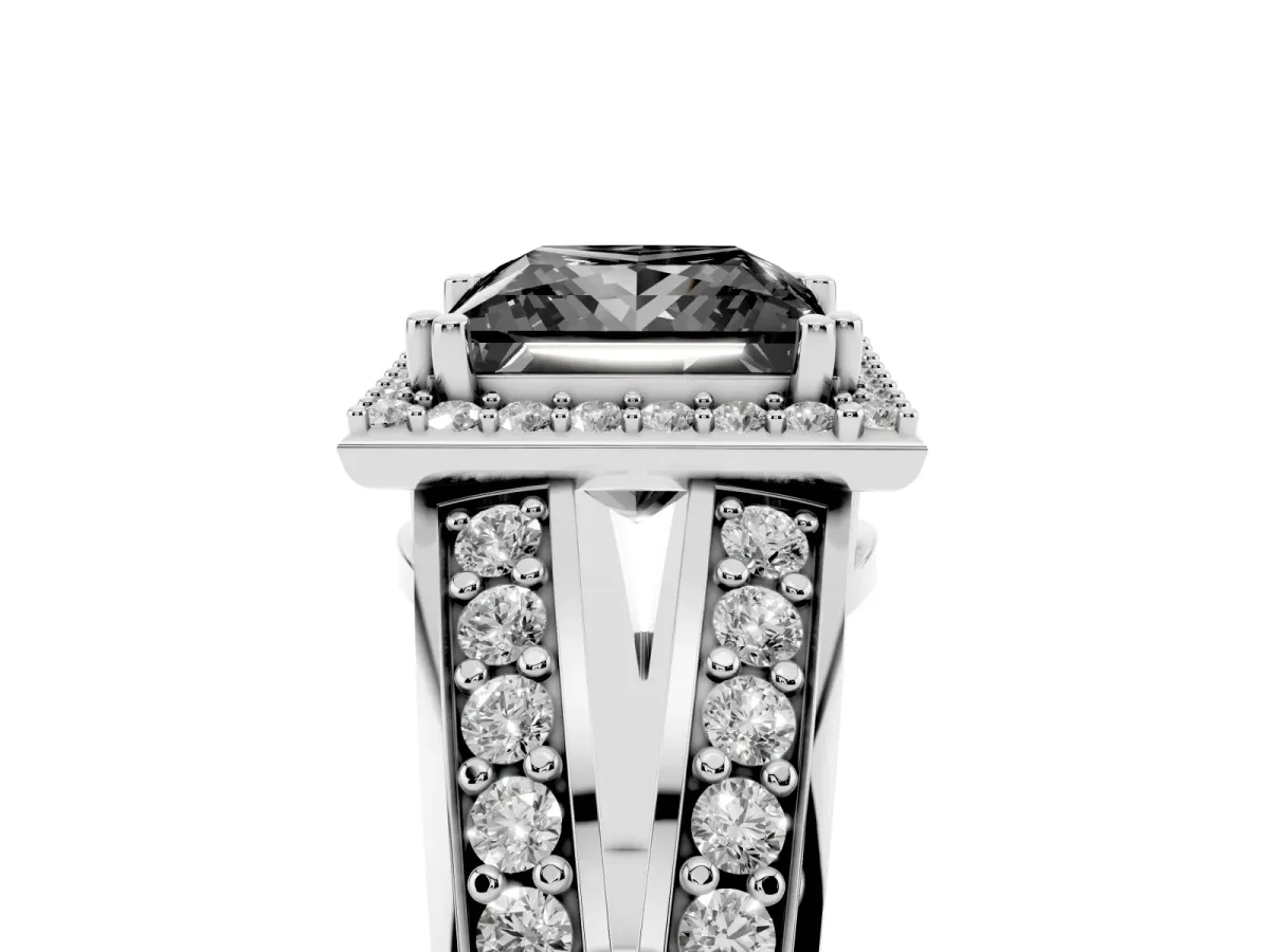 Fancy Black Princess Cut Diamond Halo Ring with Split Shank Pavé Band and Four-Prong Setting Platinum
