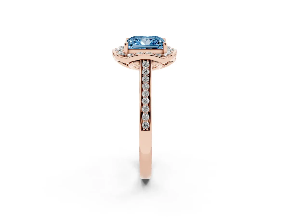 Fancy Blue Princess Cut Halo Round Diamond Pave Band with Four-Prong Setting Rose gold