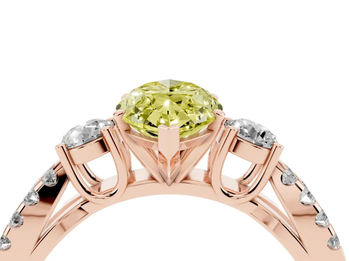 Fancy Yellow Marquise Cut Diamond Three-Stone Ring with Pavé Split Shank and Four-Prong Setting Rose gold