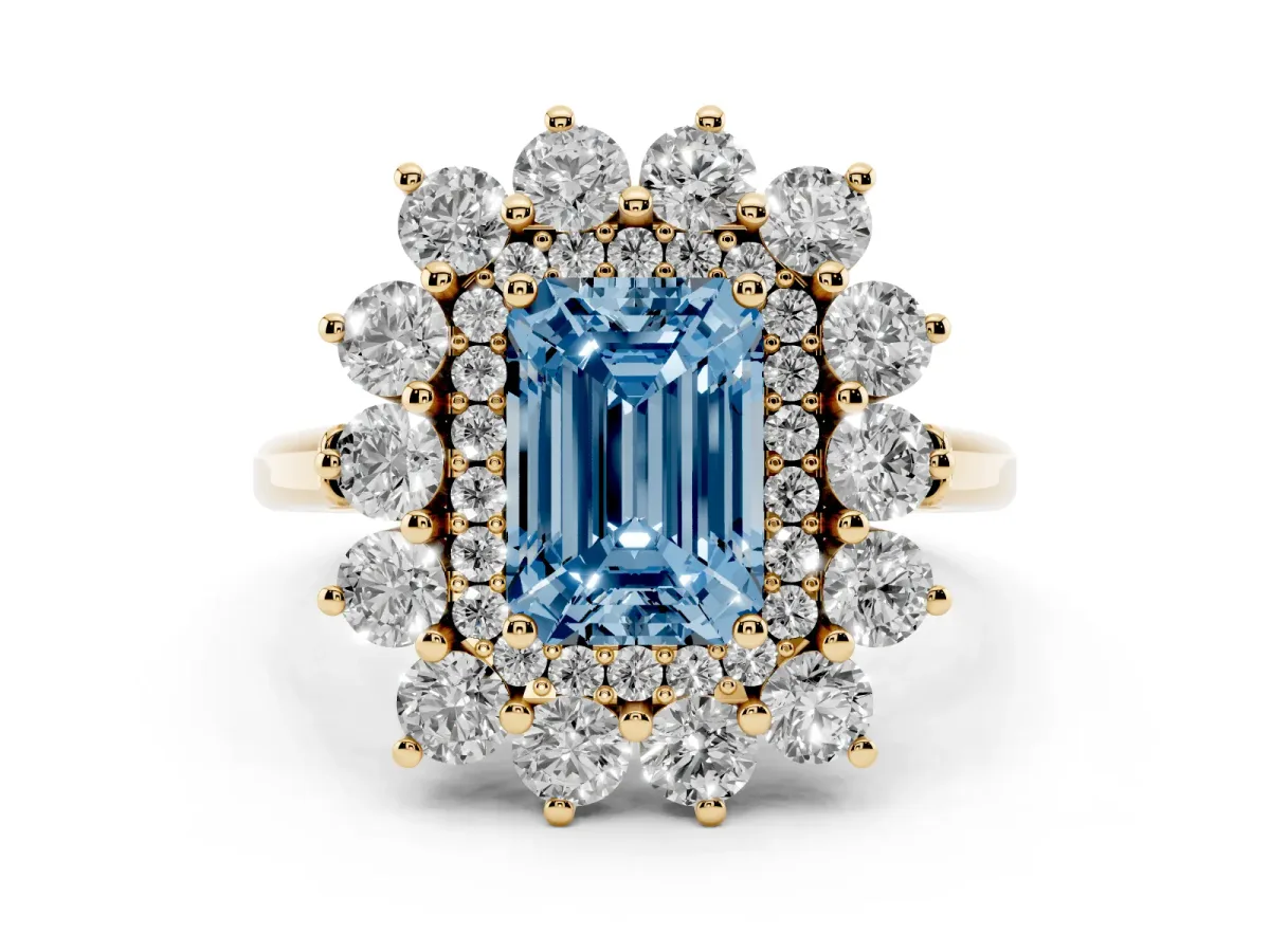 Fancy Blue Emerald Cut Diamond Floral Double Halo Engagement Ring with Prong Setting Yellow gold
