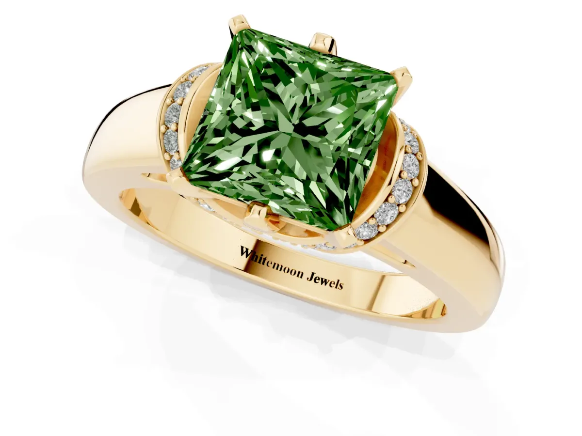 Fancy Green Princess Cut Solitaire Diamond Ring with Pave Band and Six-Prong Setting Yellow gold