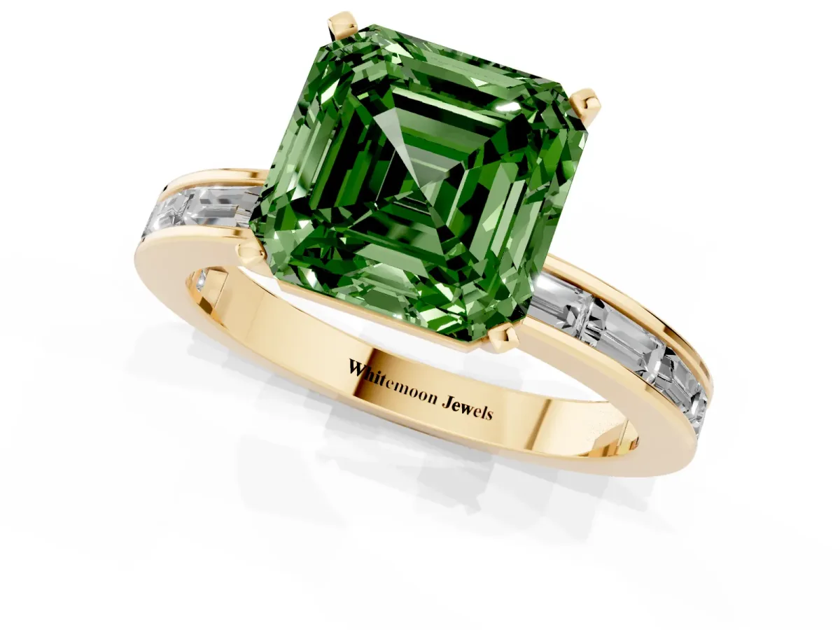 Fancy Green Asscher Cut Solitaire Diamond Ring with Channel-Set Baguette Band and Four-Prong Setting Yellow gold