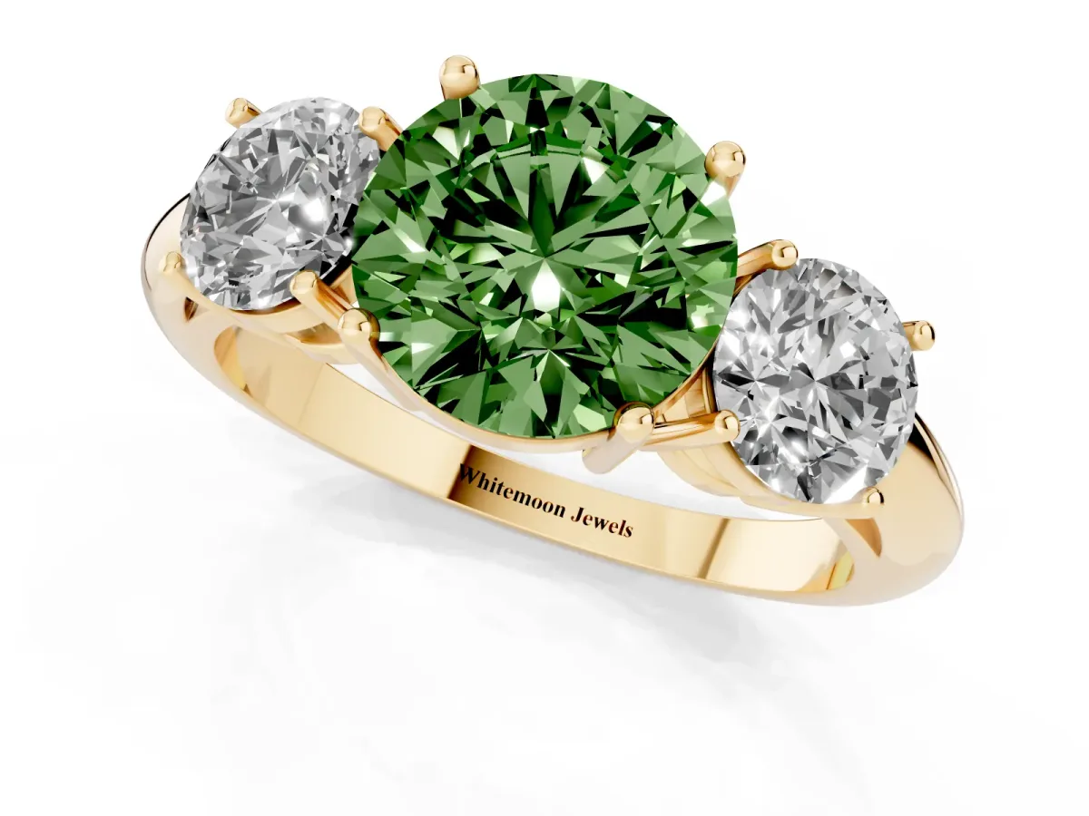 Fancy Green Three-Stone Round Cut Cut Diamond Engagement Ring with Prong Setting on a White Gold Band Yellow gold