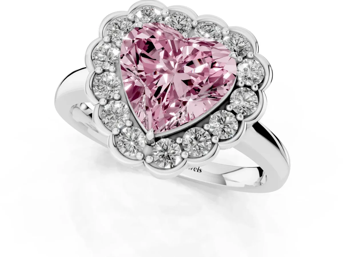 Fancy Pink Heart Cut Halo Cluster Diamond Engagement Ring with Solitaire Band and Prong Setting Platinum