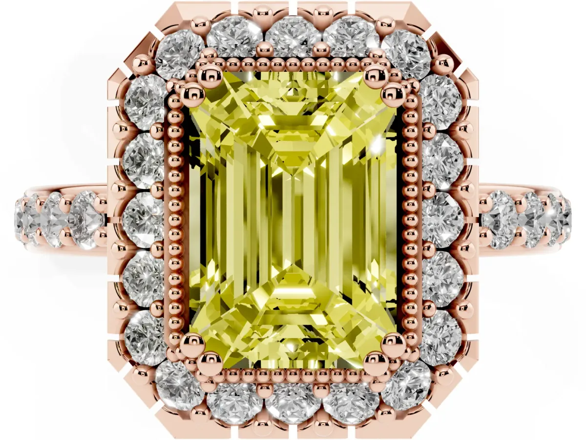 Fancy Yellow Emerald Cut Diamond Halo Ring with Pavé Band and Prong Setting Rose gold