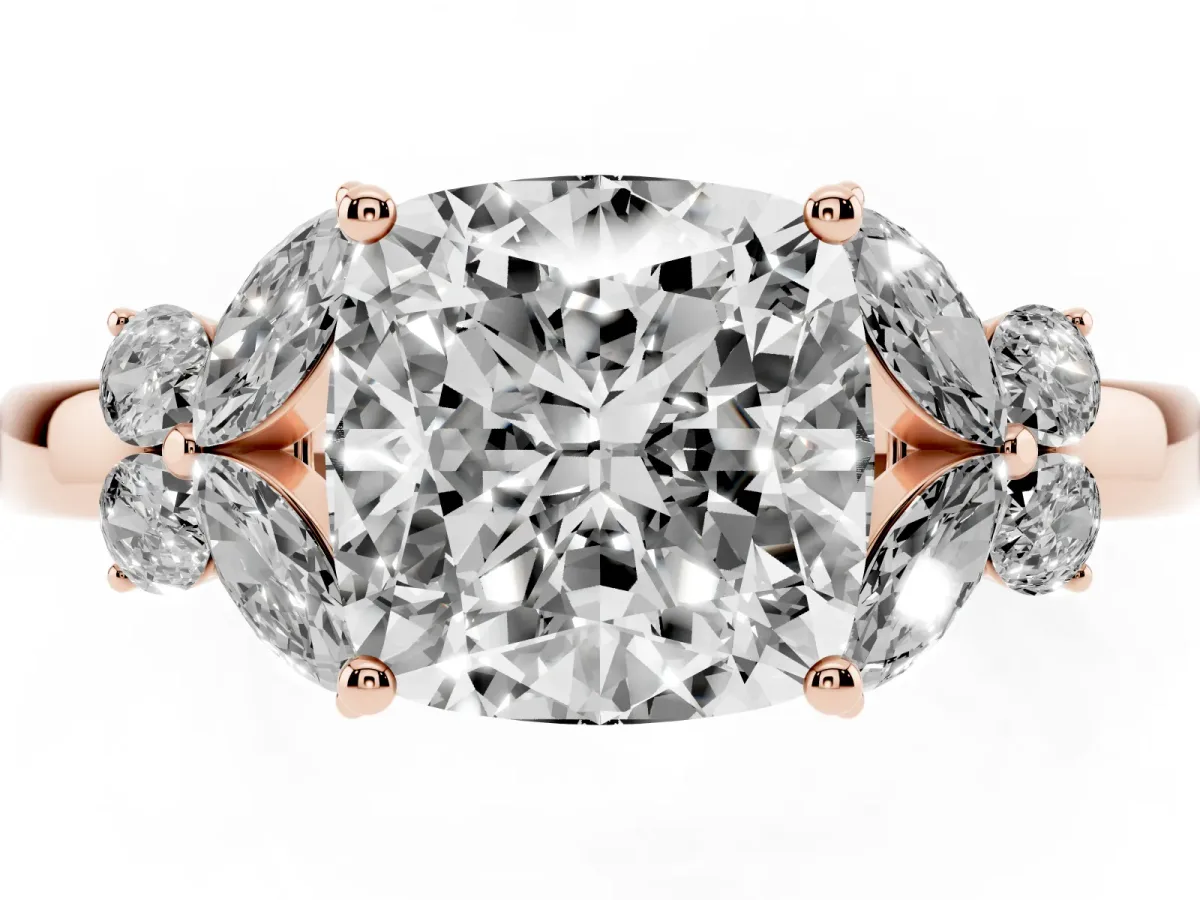 Cushion Cut Cut Solitaire Floral Diamond Ring with Four-Prong Setting Rose gold