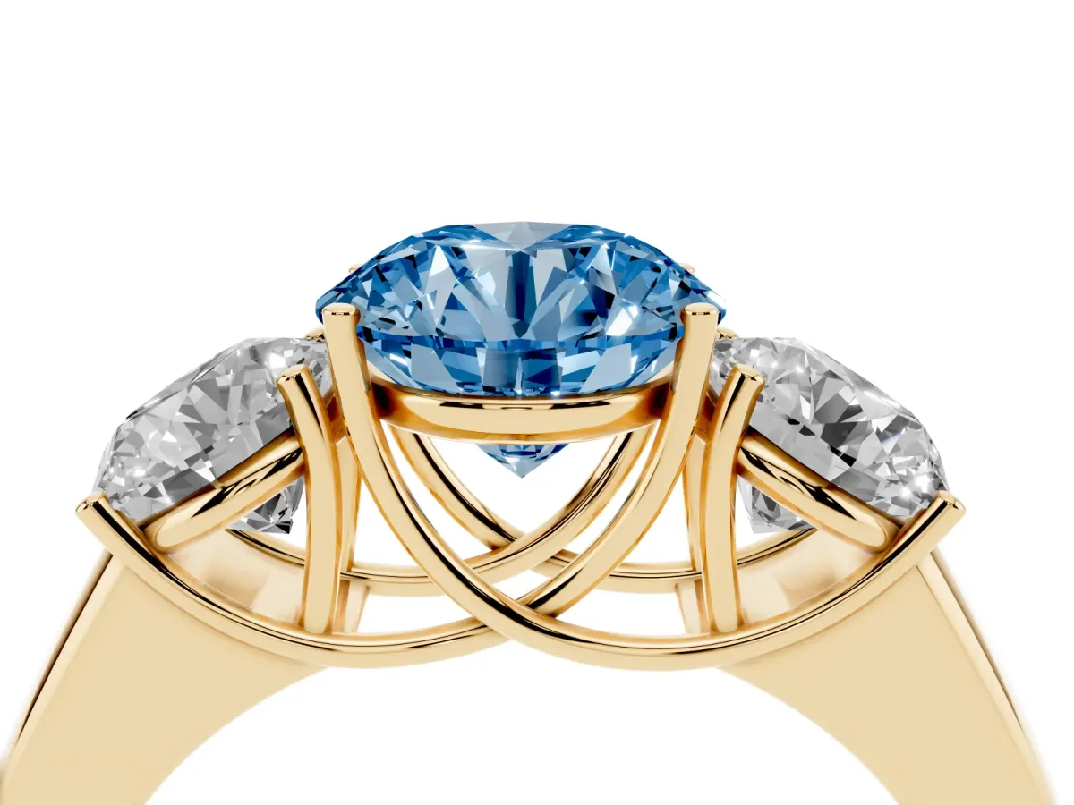 Fancy Blue Three-Stone Round Cut Cut Diamond Ring with Prong Setting and Classic Band Yellow gold