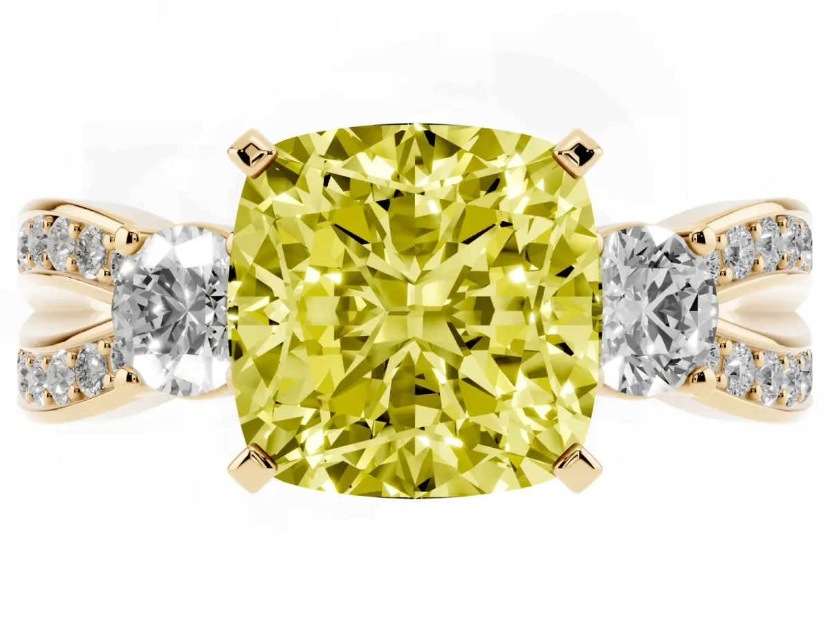 Fancy Yellow Three-Stone Cushion Cut Cut Diamond Twist Band with Prong Setting Yellow gold
