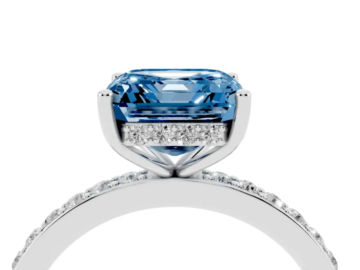 Fancy Blue Asscher Cut Cut Diamond Pavé Band Ring with Four-Prong Setting Silver