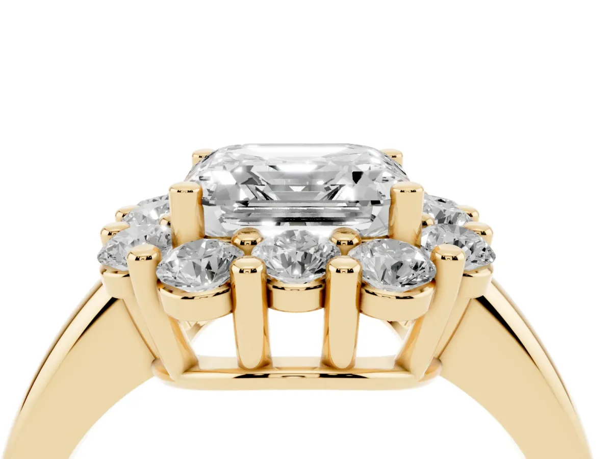 Asscher Cut Halo Cluster Diamond Engagement Ring with Prong Setting and Polished Band Yellow gold