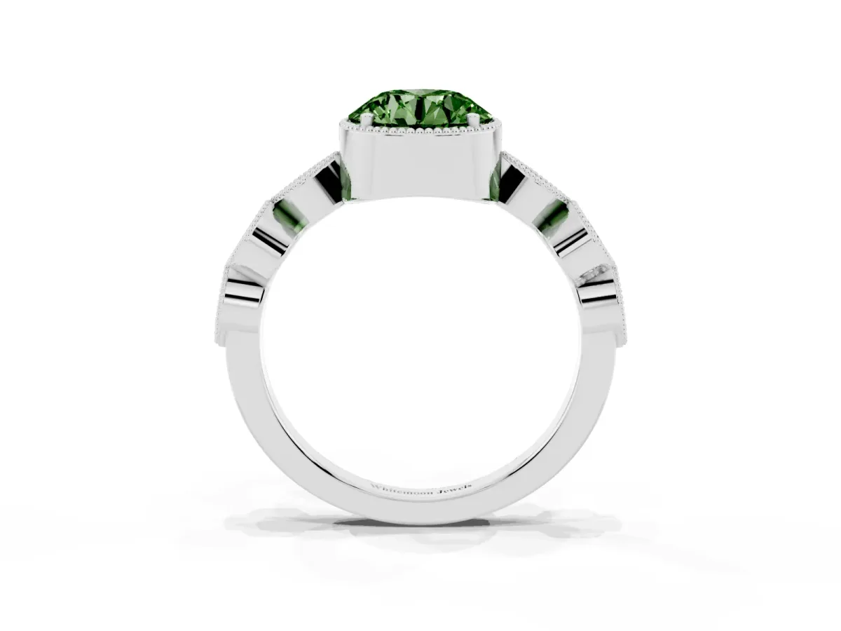 Fancy Green Round Cut Diamond Vintage Milgrain Ring with Round Stations Silver